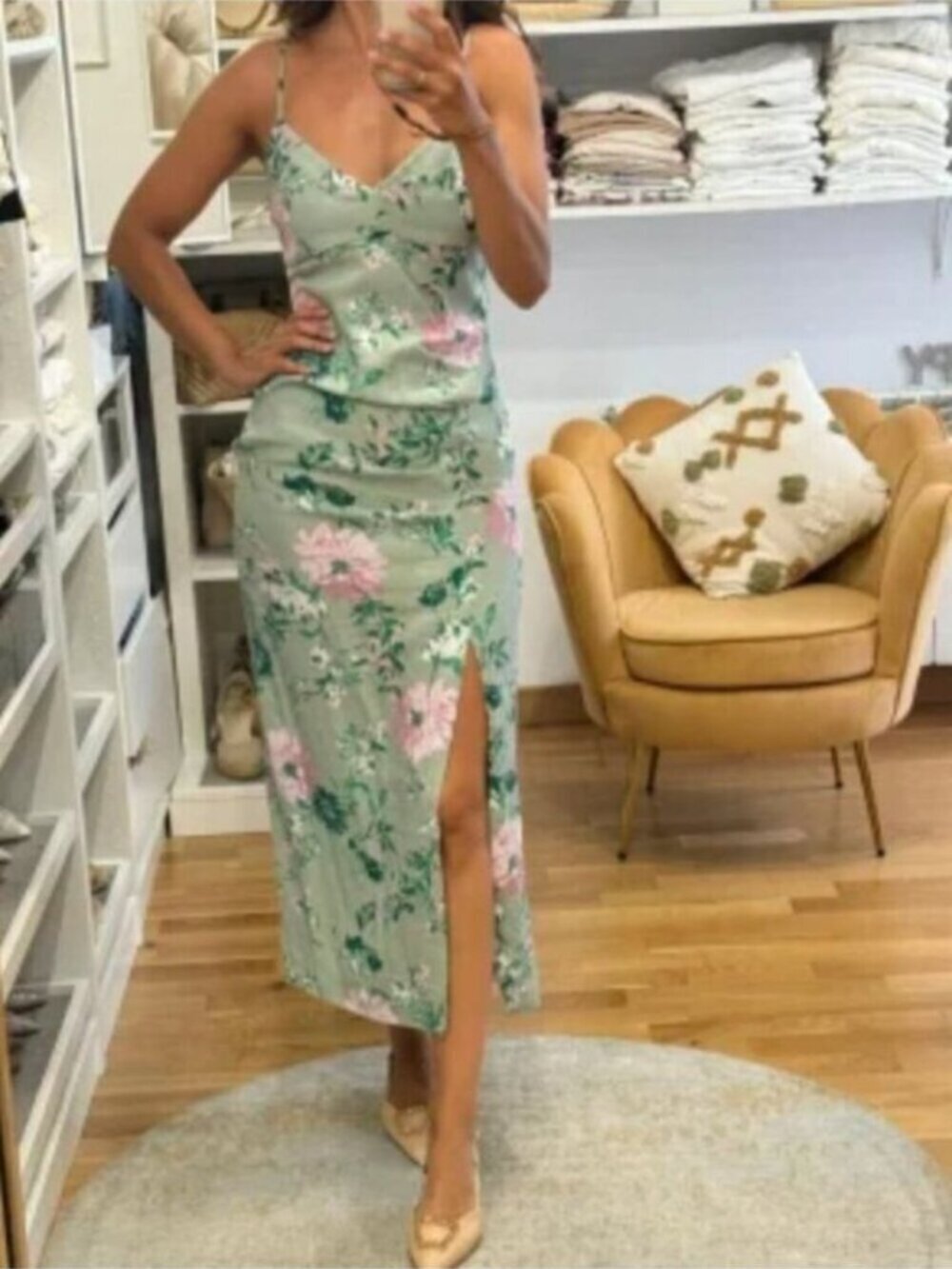 Zara Linen Blend Floral Print Midi Dress NWT Green Pink Size XL - Picture 2 of 7